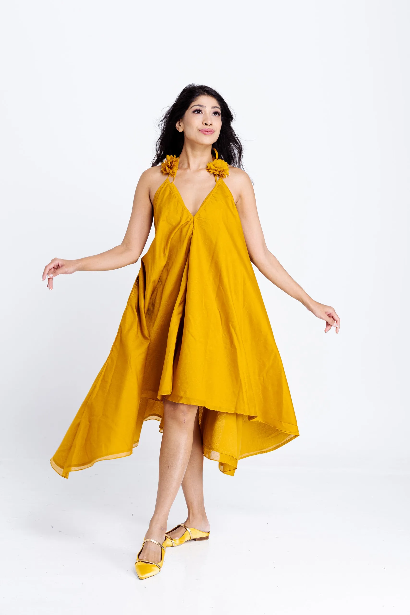 Twyla Backless Strappy Dress with Bralette Top - Mustard Yellow Chanderi