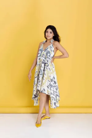 Twyla Backless Strappy Dress with Bralette Top -Yellow and Grey Ikat