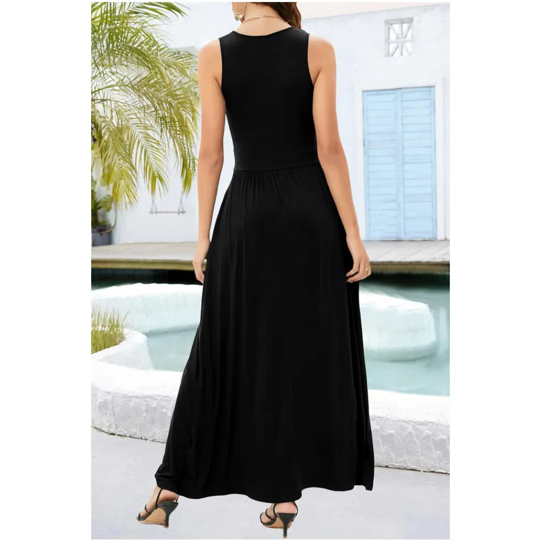 V Neck Sleeveless Maxi Dress with Pockets