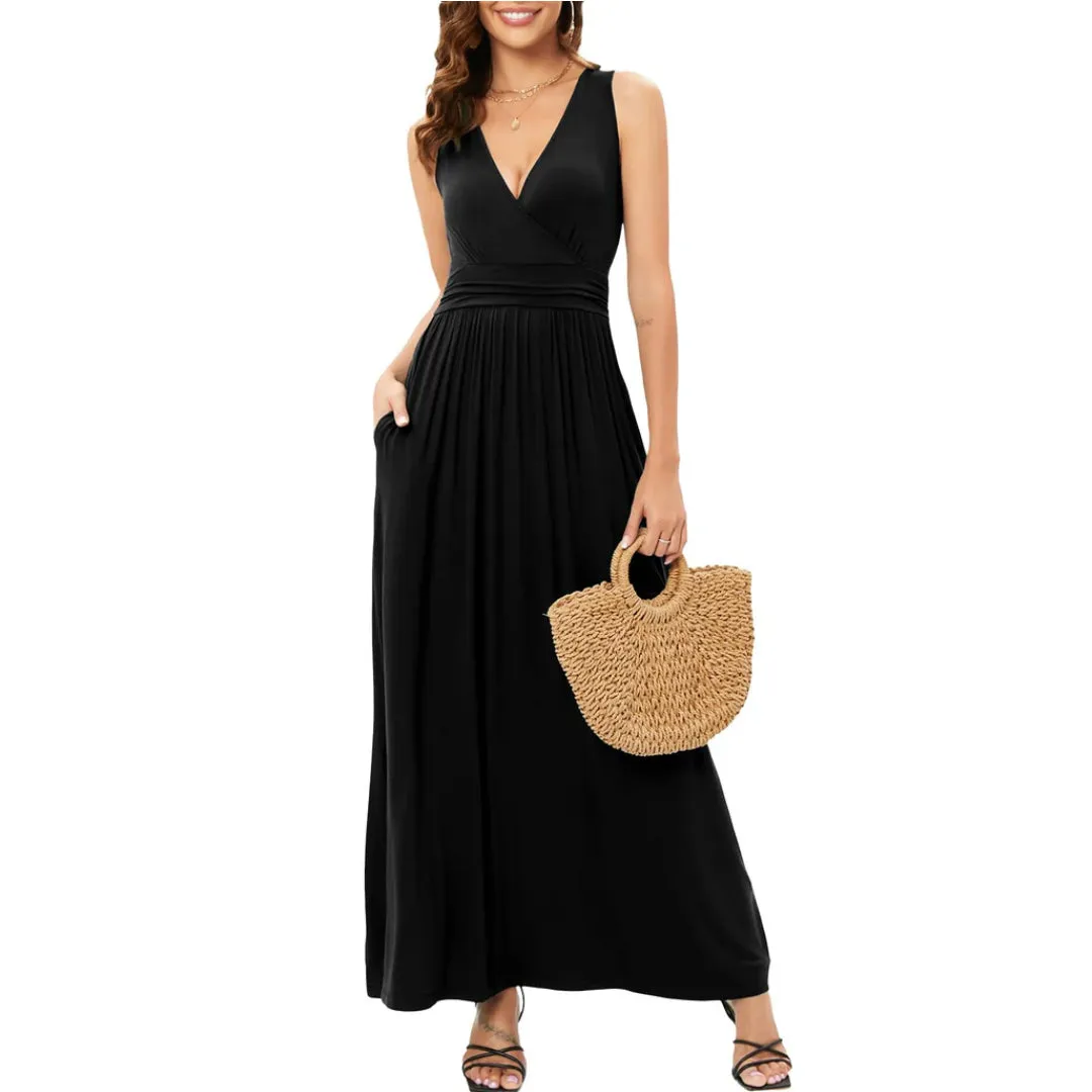 V Neck Sleeveless Maxi Dress with Pockets