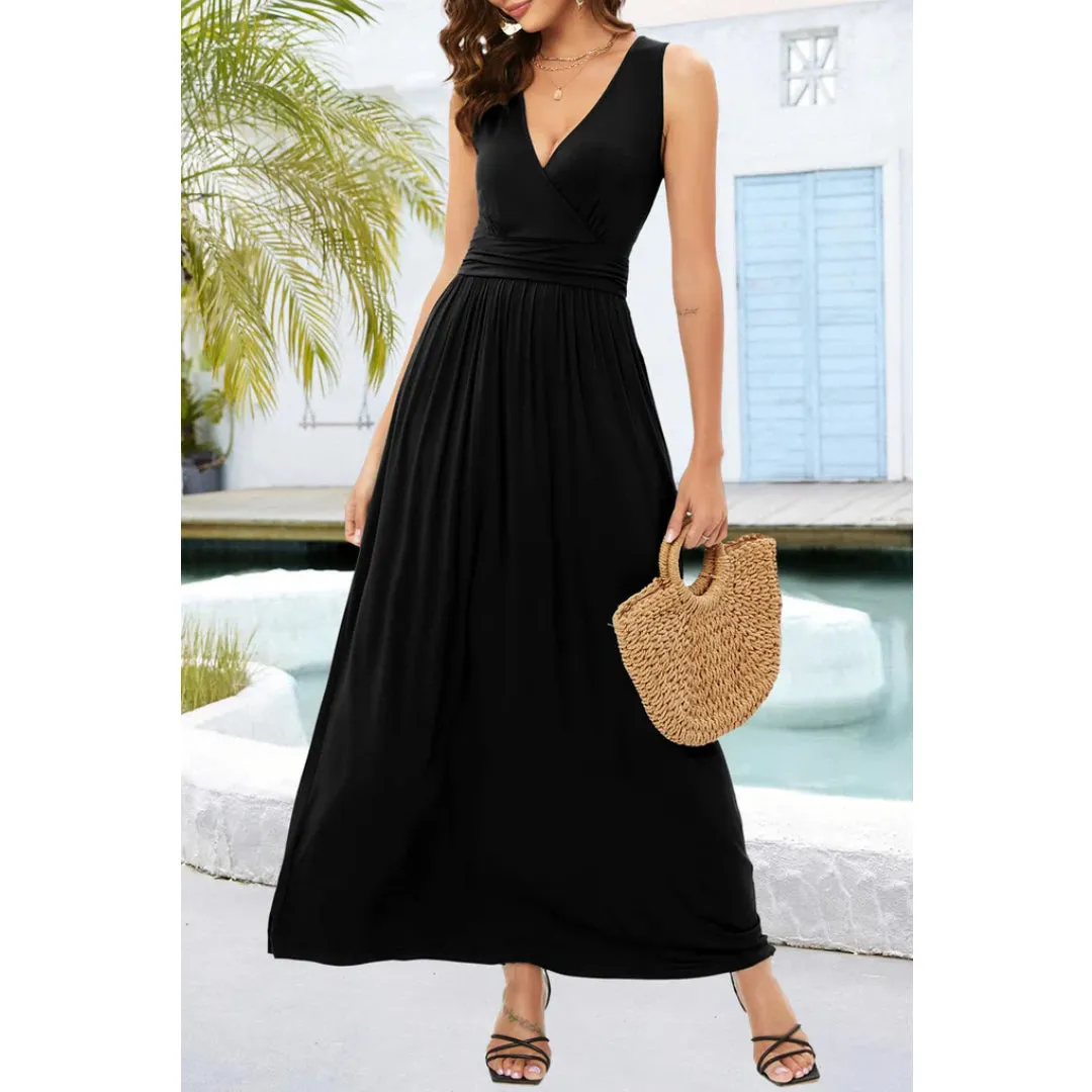 V Neck Sleeveless Maxi Dress with Pockets