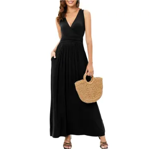 V Neck Sleeveless Maxi Dress with Pockets