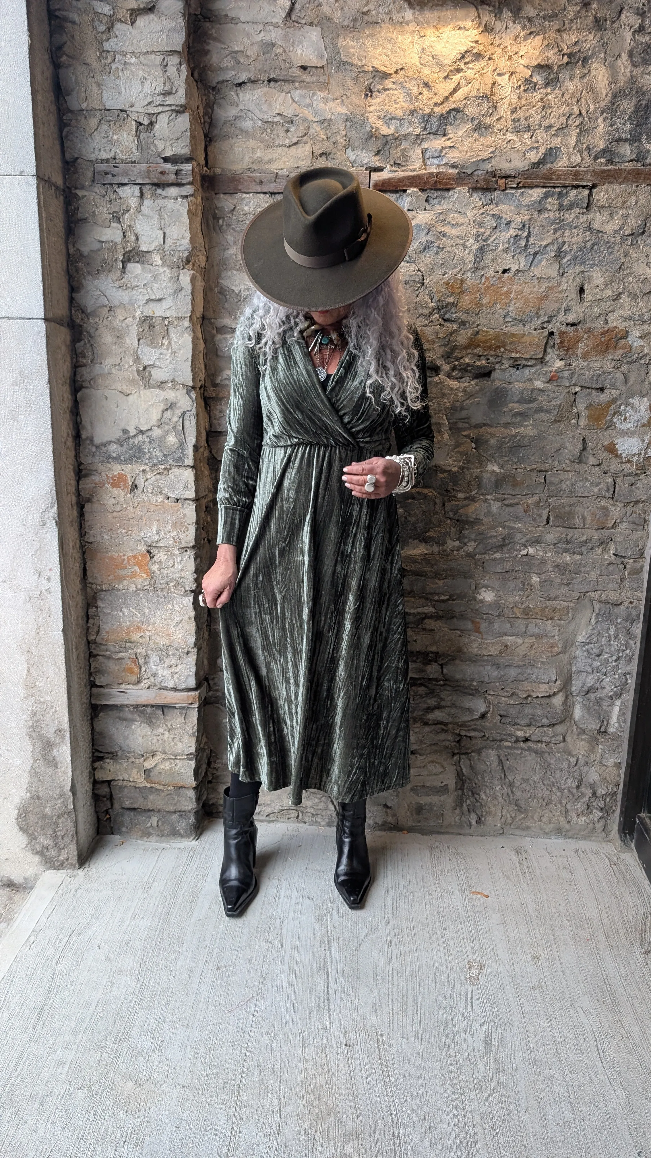 Velvet wrap long sleeve midi length dress-Khaki Green