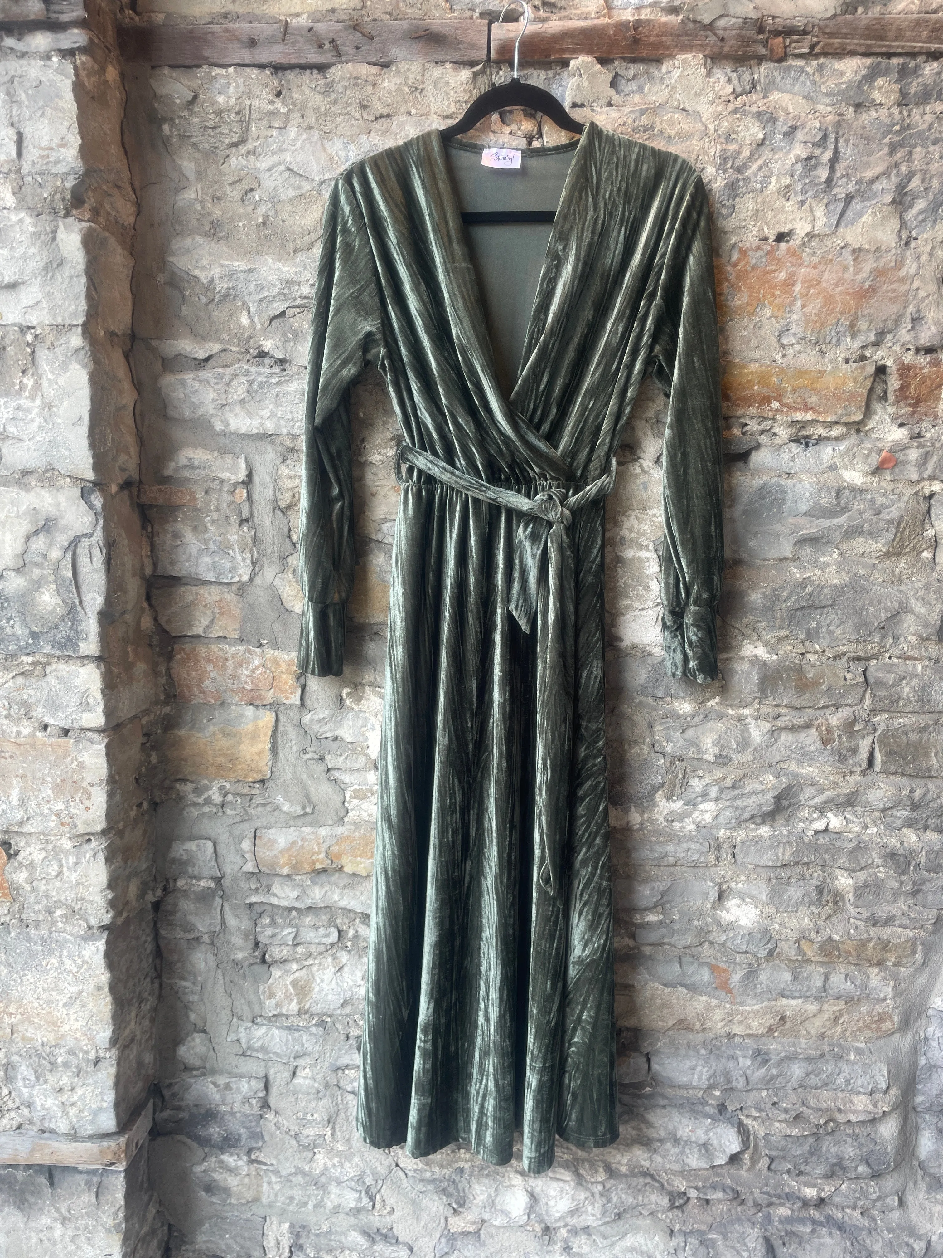 Velvet wrap long sleeve midi length dress-Khaki Green