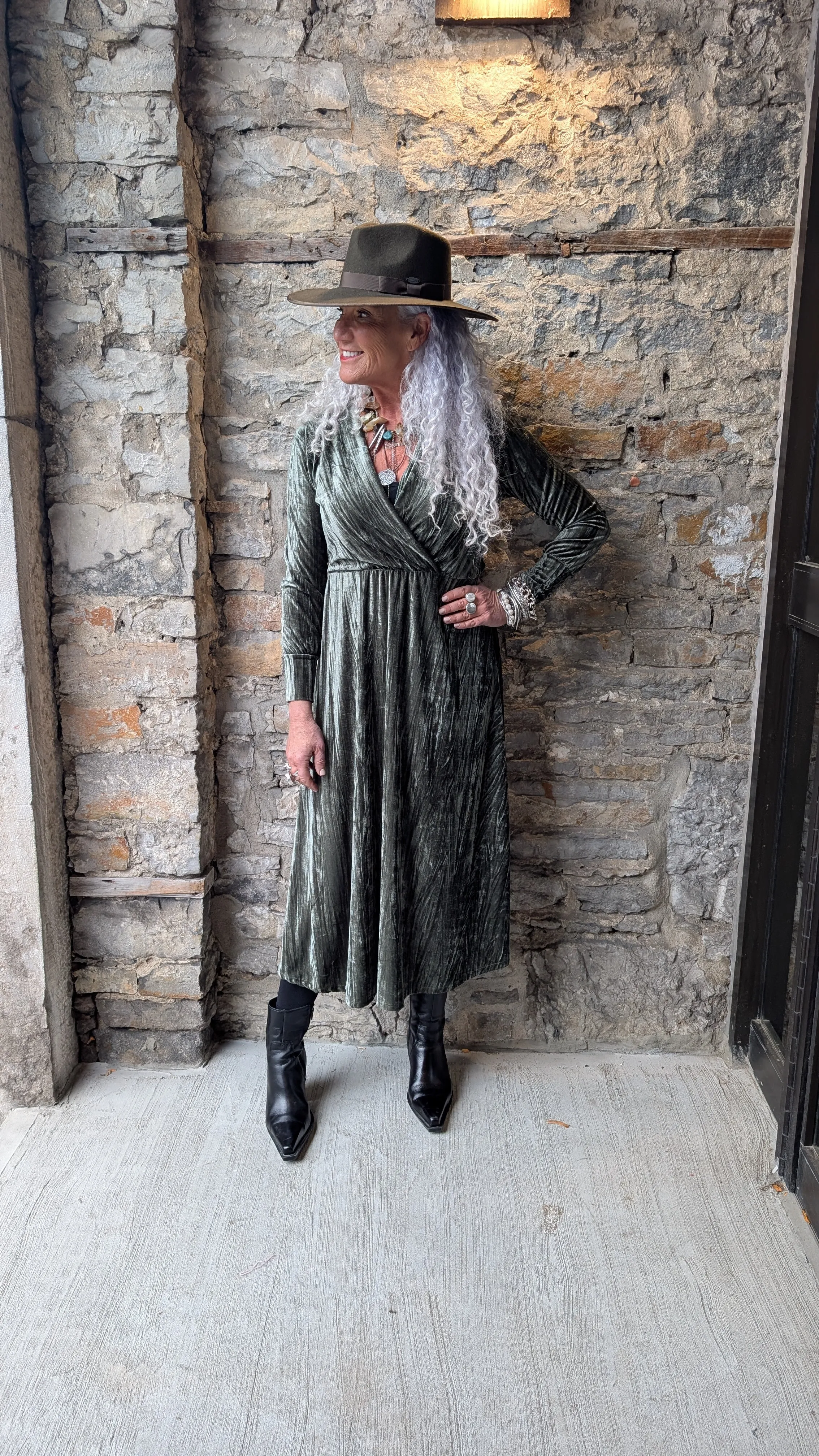 Velvet wrap long sleeve midi length dress-Khaki Green