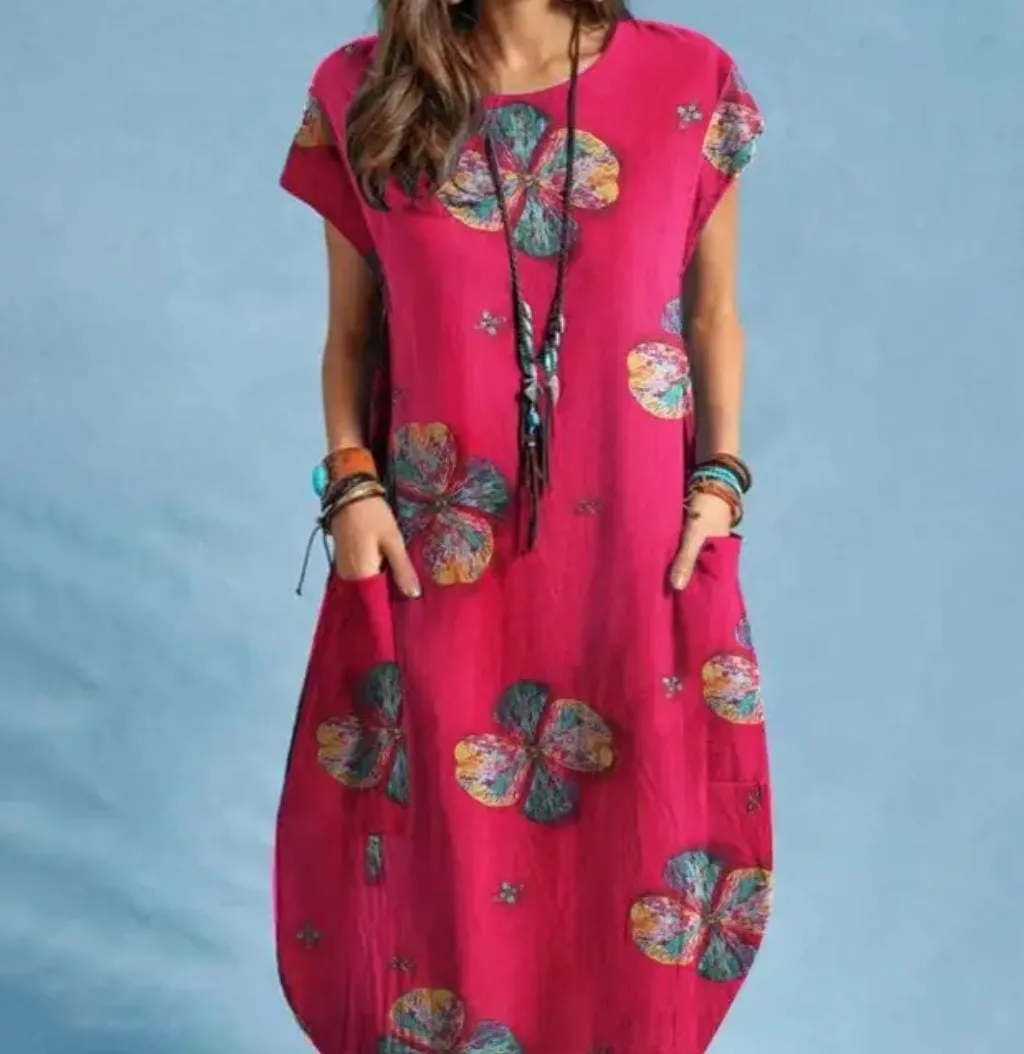 Vintage Elegant Women's Dress O-Neck Short Sleeve Floral Print Mid Dress S4585763