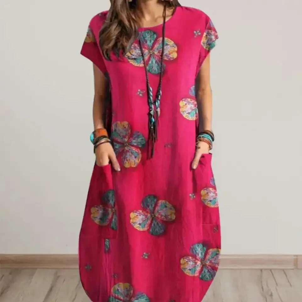 Vintage Elegant Women's Dress O-Neck Short Sleeve Floral Print Mid Dress S4585763
