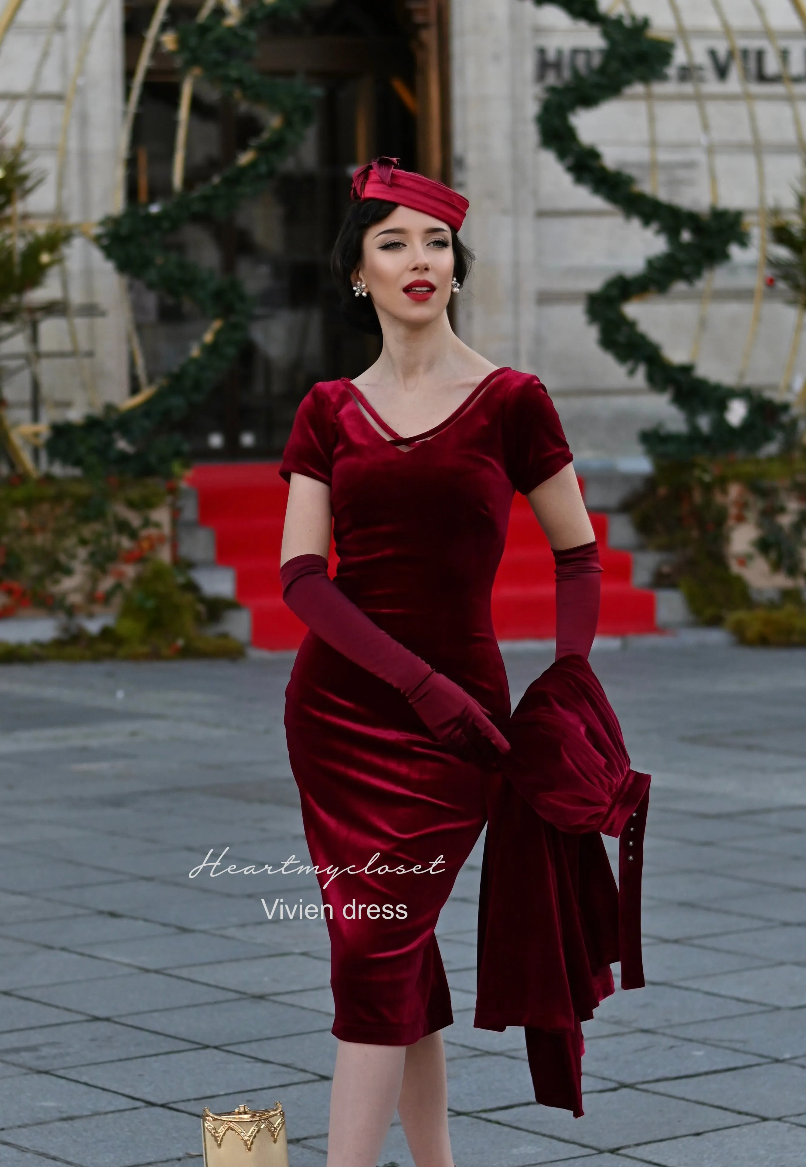 Vivien red velvet pencil dress   removable skirt wrap