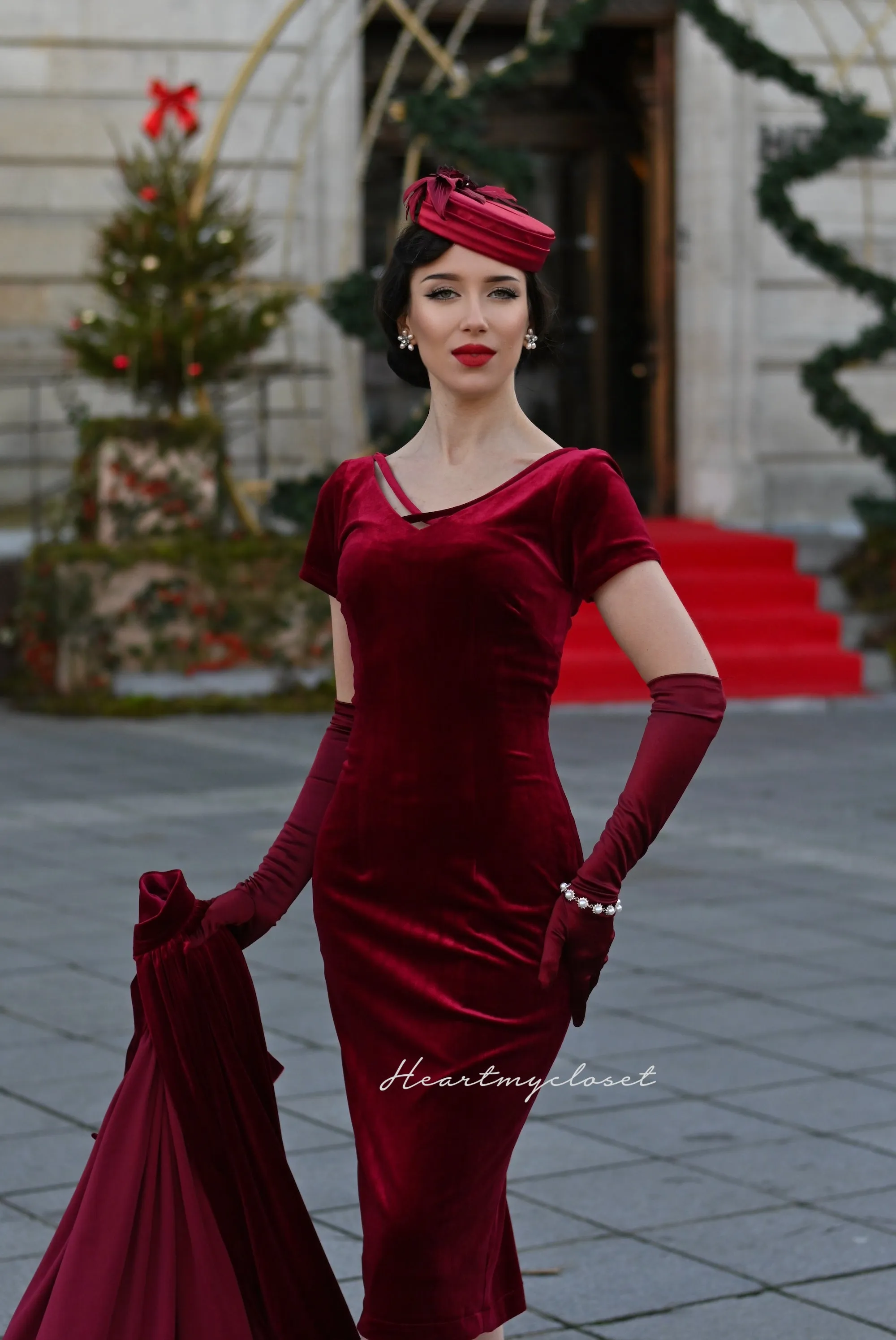 Vivien red velvet pencil dress   removable skirt wrap