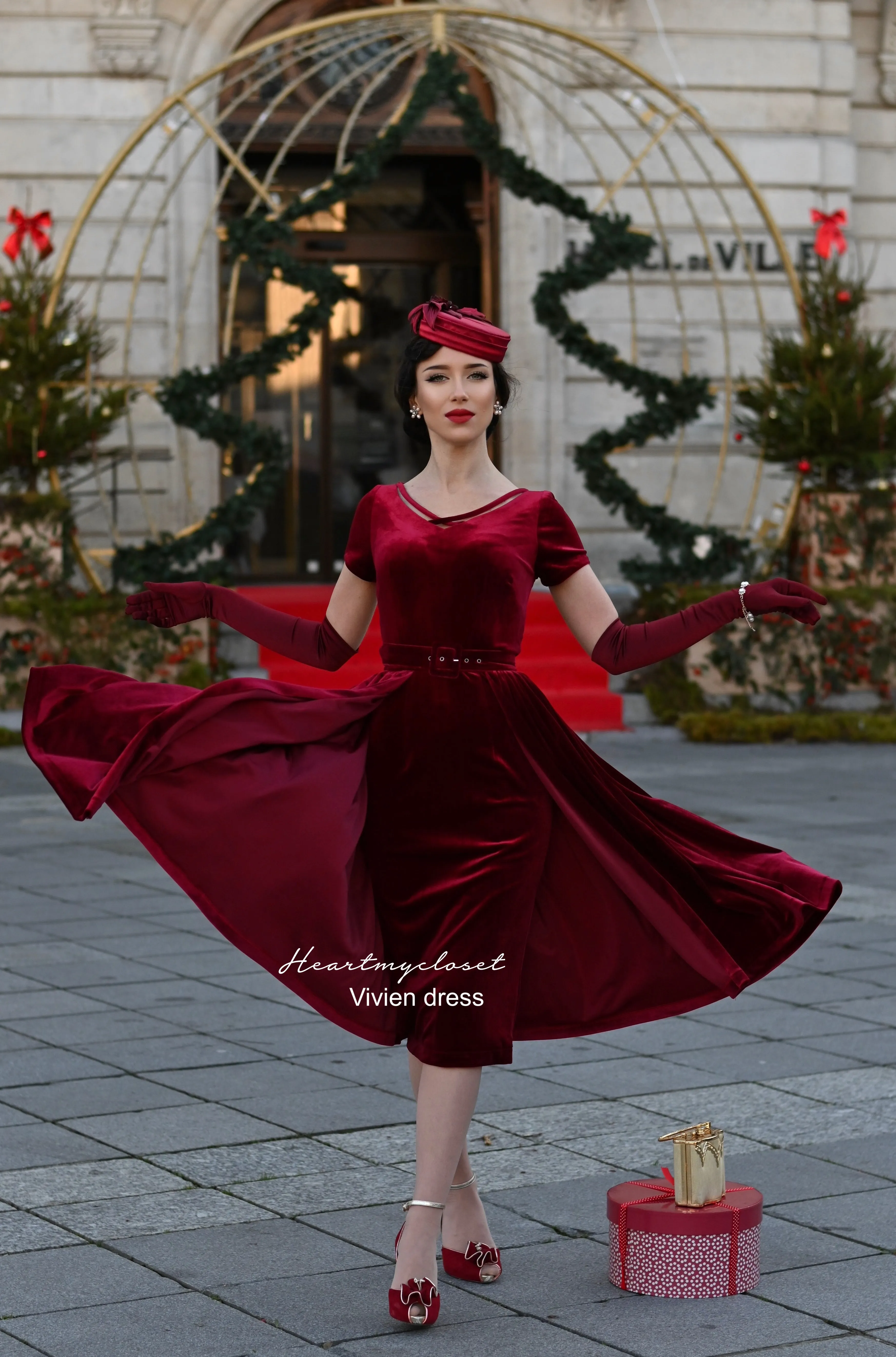 Vivien red velvet pencil dress   removable skirt wrap