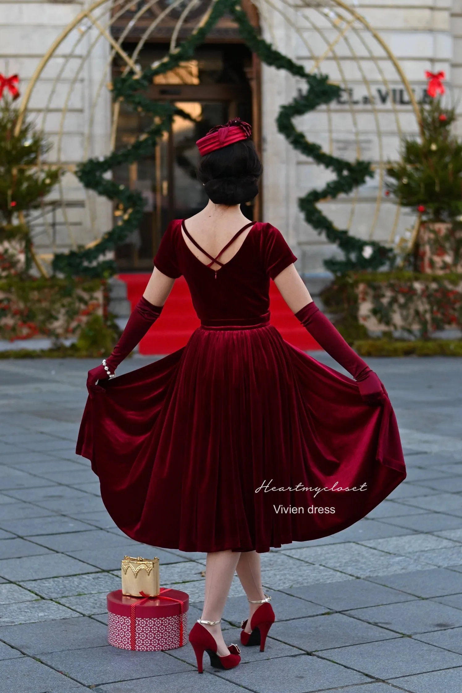 Vivien red velvet pencil dress   removable skirt wrap