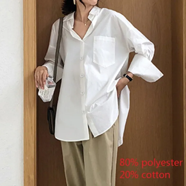 voguable Fashion Women White Shirt Autumn Blouses Lapel Casual Solid Long Sleeve Buttons Asymmetric Tunic Top Blusas Oversize