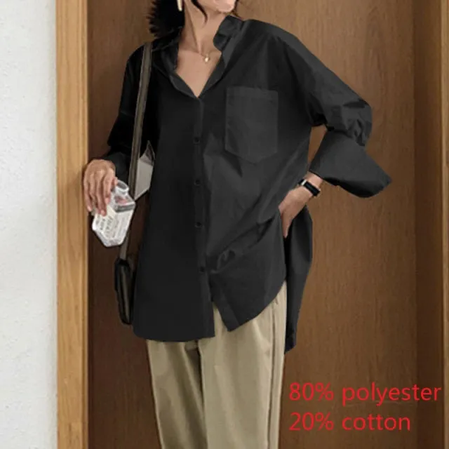 voguable Fashion Women White Shirt Autumn Blouses Lapel Casual Solid Long Sleeve Buttons Asymmetric Tunic Top Blusas Oversize