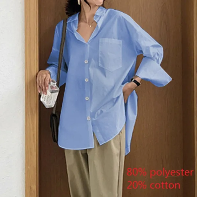 voguable Fashion Women White Shirt Autumn Blouses Lapel Casual Solid Long Sleeve Buttons Asymmetric Tunic Top Blusas Oversize