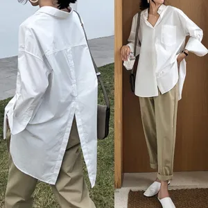 voguable Fashion Women White Shirt Autumn Blouses Lapel Casual Solid Long Sleeve Buttons Asymmetric Tunic Top Blusas Oversize