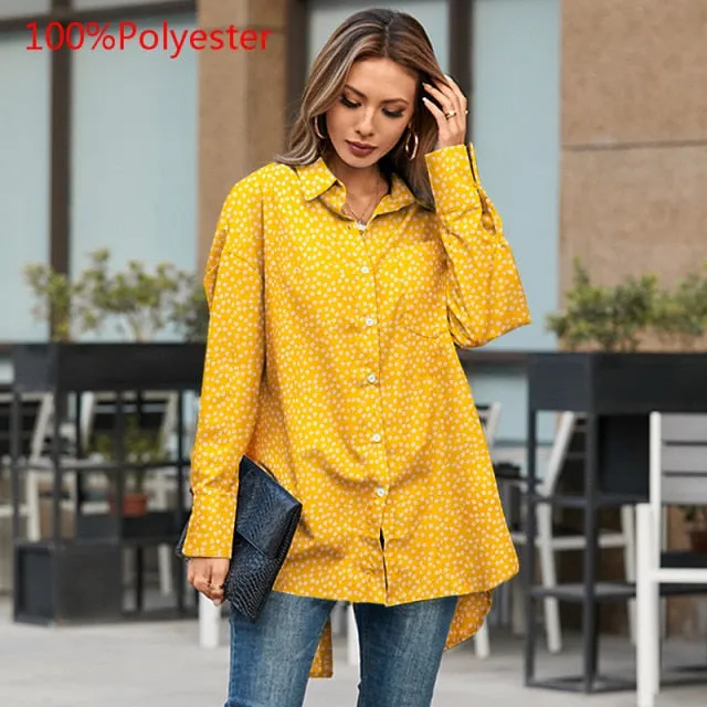 voguable Fashion Women White Shirt Autumn Blouses Lapel Casual Solid Long Sleeve Buttons Asymmetric Tunic Top Blusas Oversize