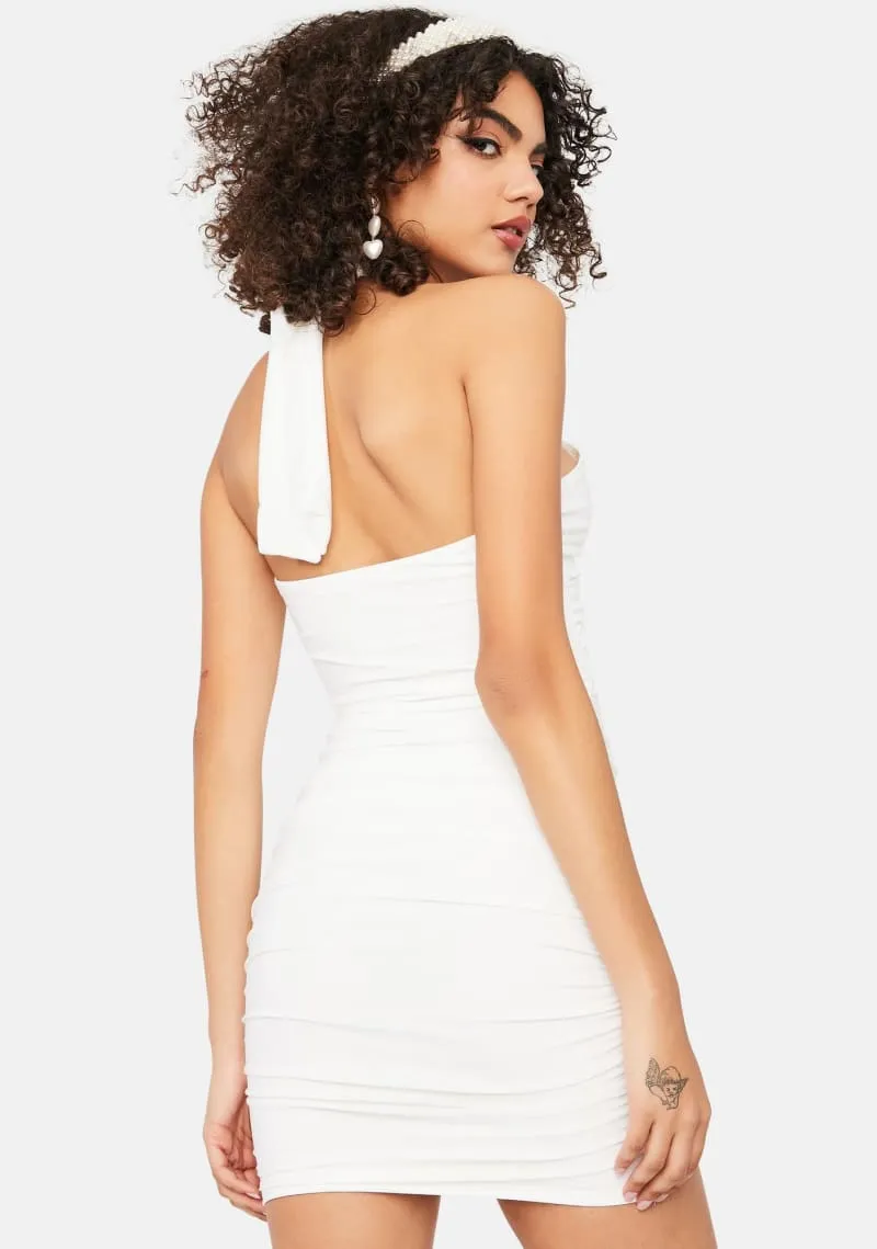 White Halter Wrap Ruched Cutout Mini Dress