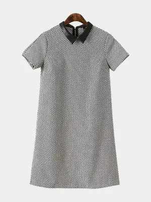 Wholesale Grid Classic Collar Short Sleeve Grid Zip Back Shirt Dress