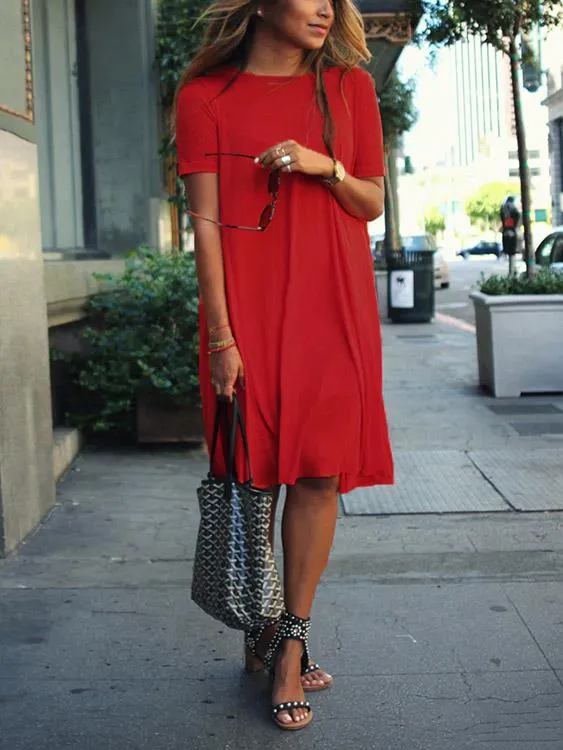 Wholesale Red Crew Neck Short Sleeve Shirt Dresses