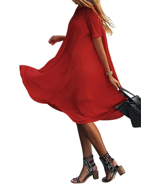 Wholesale Red Crew Neck Short Sleeve Shirt Dresses