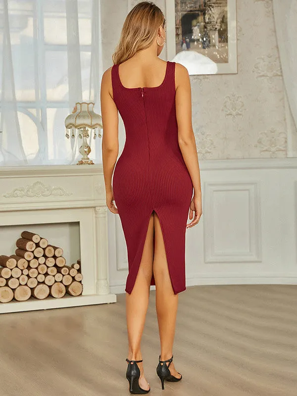 Wine Red Stretchy Rib Sleeveless Minii Dress