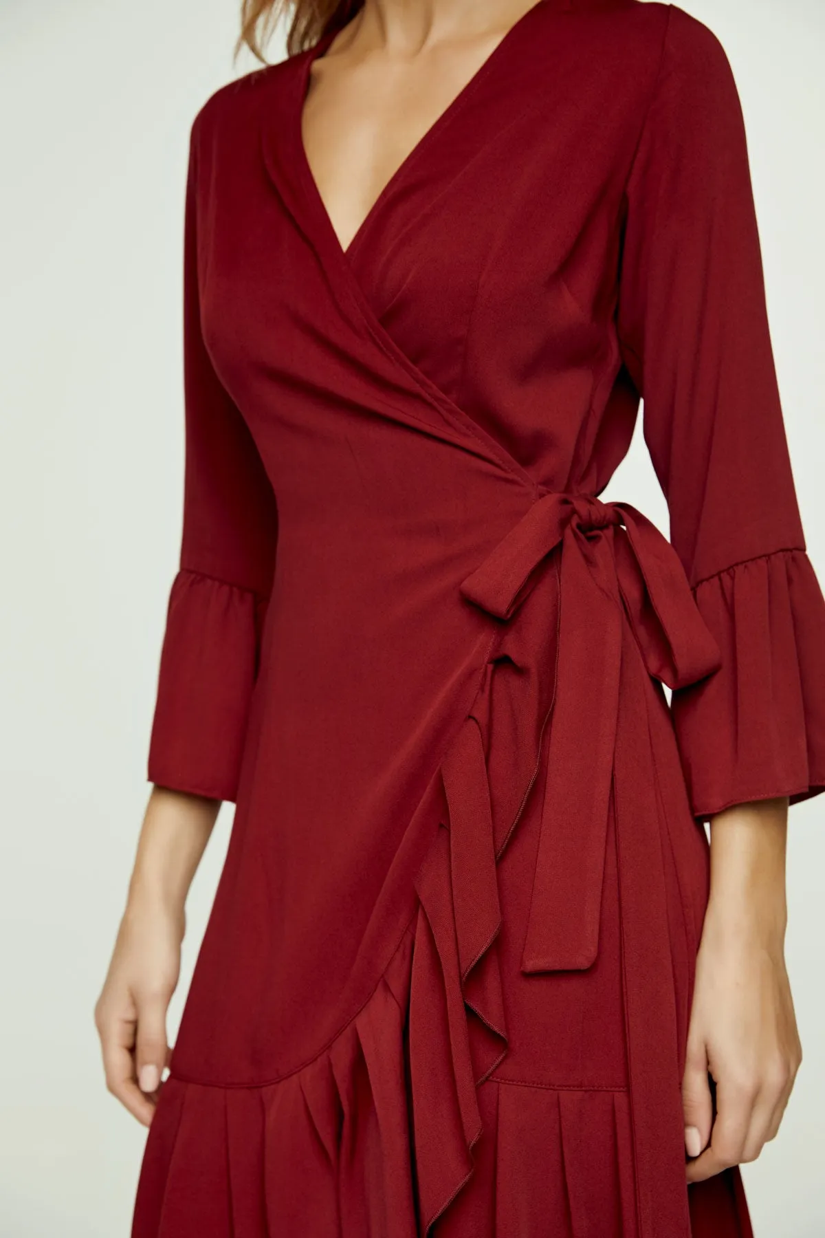 Wine Wrap Dress Viscose with bell sleeves