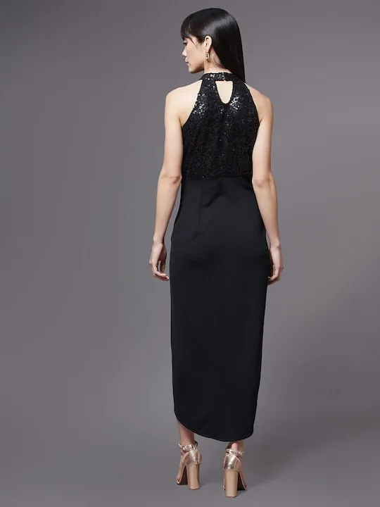Women Black Keyhole Neck Maxi Dress