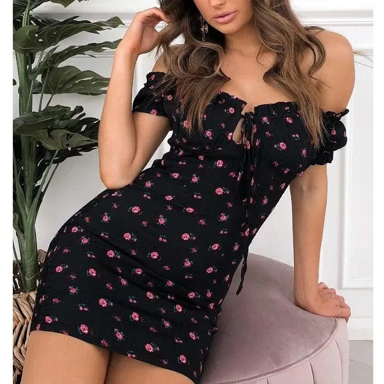 Women Floral Wrap Off Shoulder Dress Tie Up Front Ruffle Mini Dress Summer