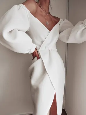 Women New Fashion Wrap Dress Lantern Sleeve Slit Dresses White Black Party Dresses New Fashion