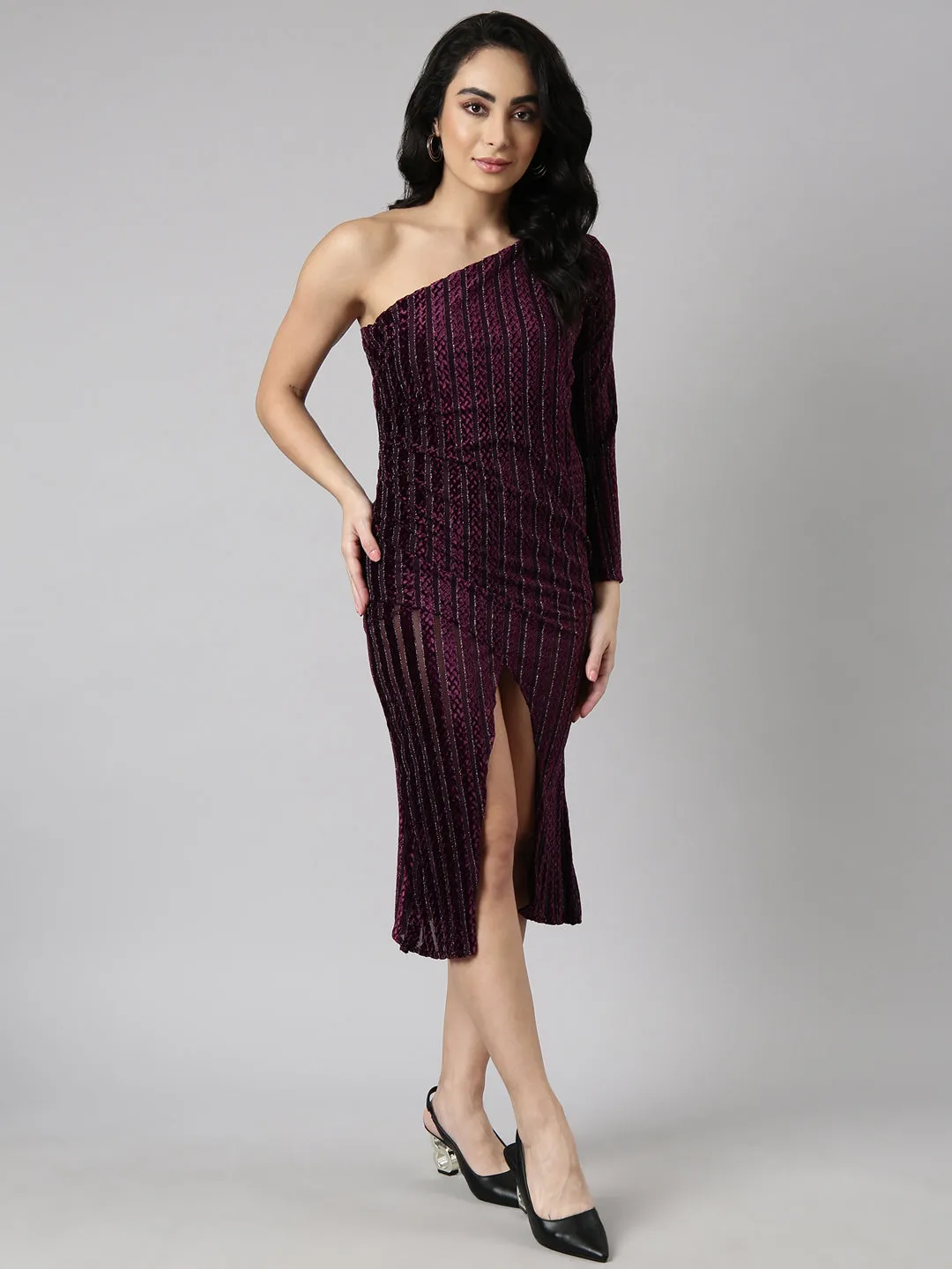 Women Purple Striped Wrap Dress
