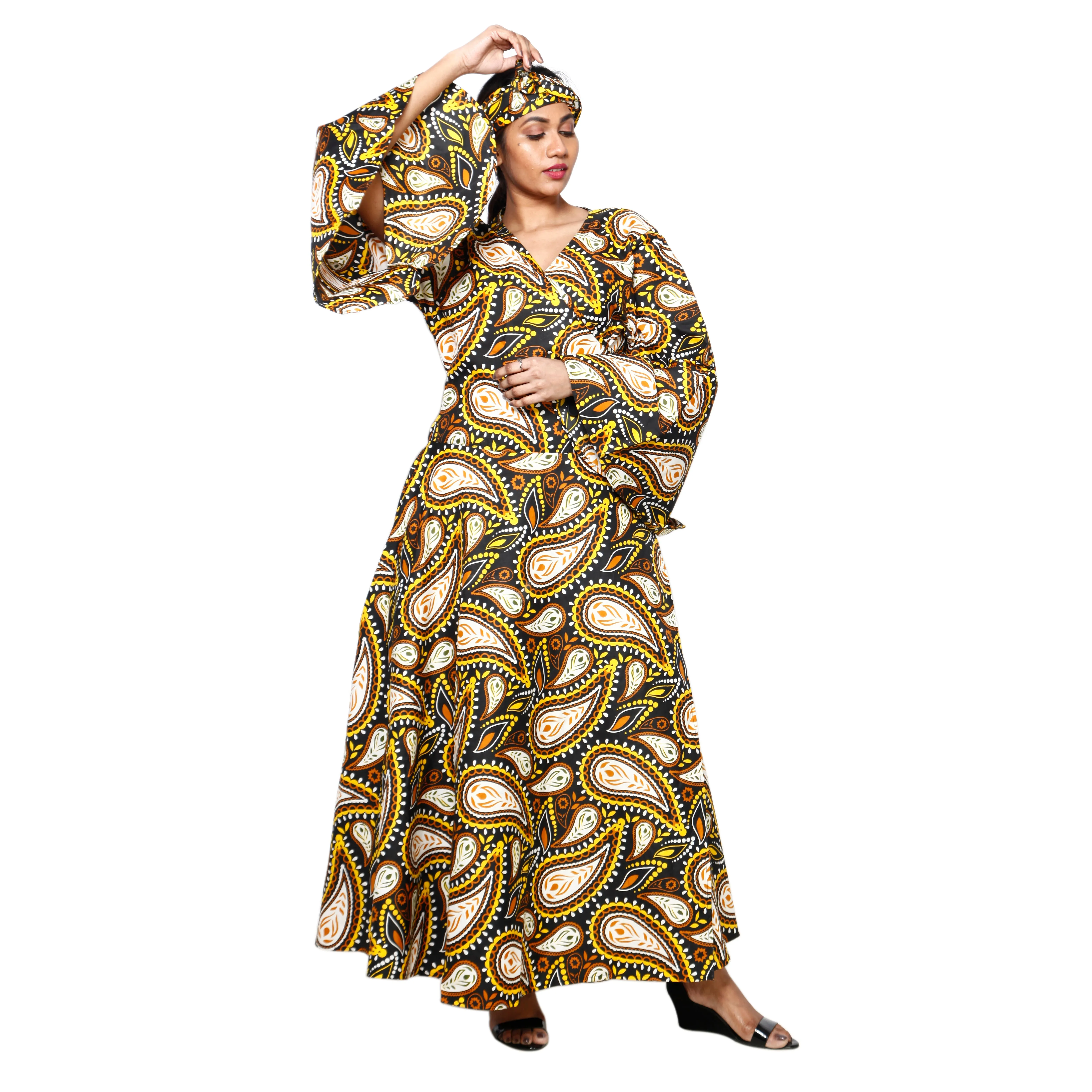 Women's Poly-Cotton Long Bell Sleeve Wrap Dress -- FI-R79FS