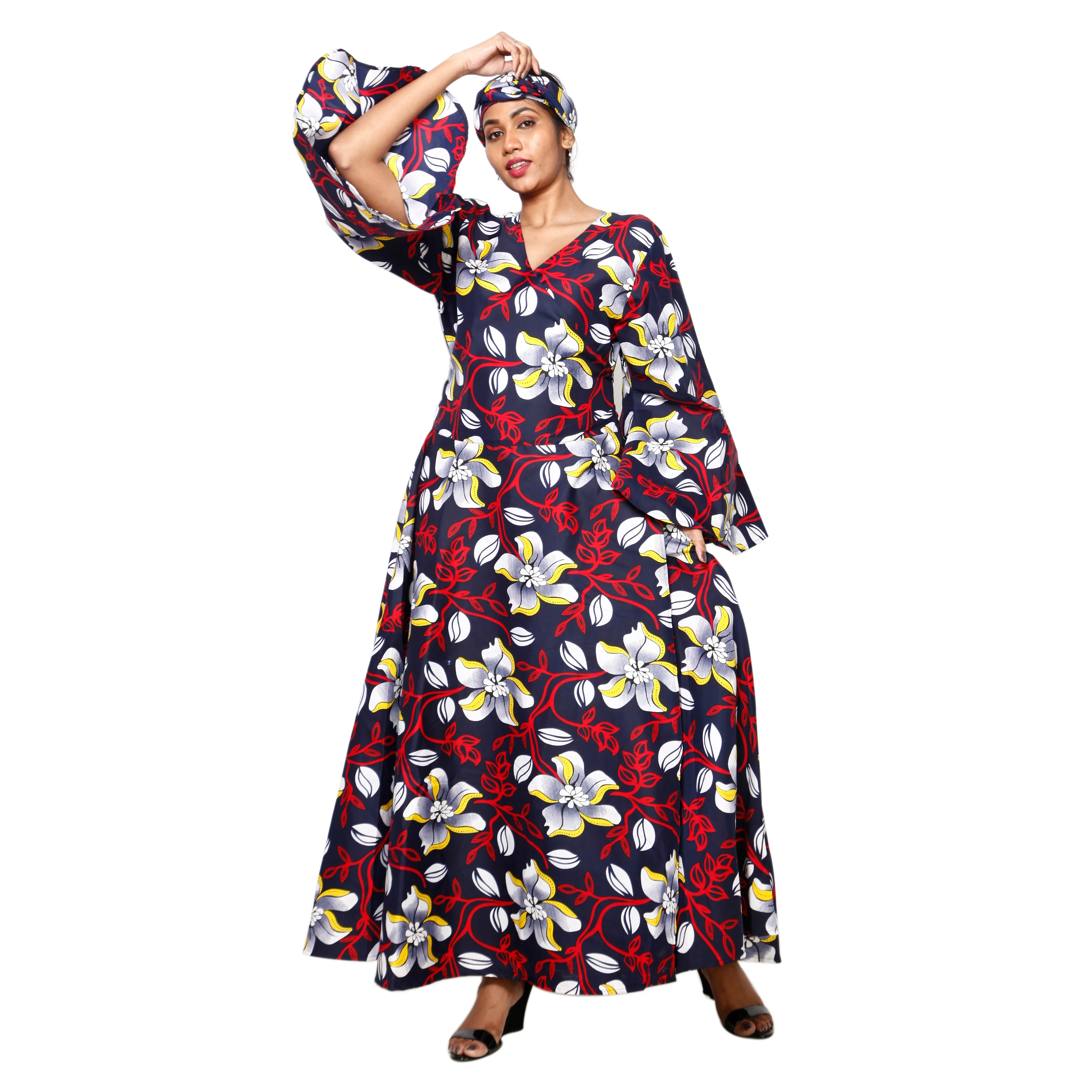 Women's Poly-Cotton Long Bell Sleeve Wrap Dress -- FI-R79FS
