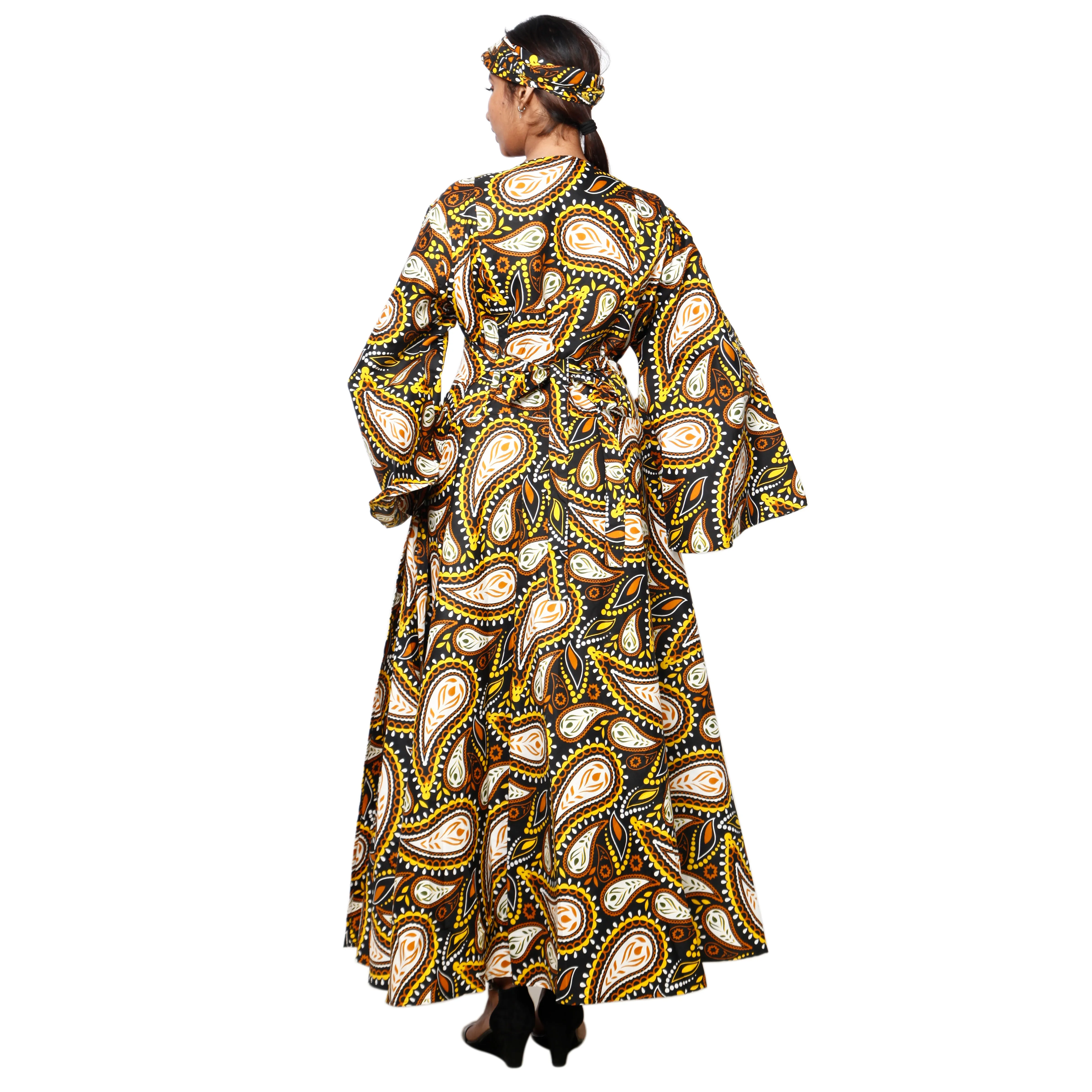 Women's Poly-Cotton Long Bell Sleeve Wrap Dress -- FI-R79FS