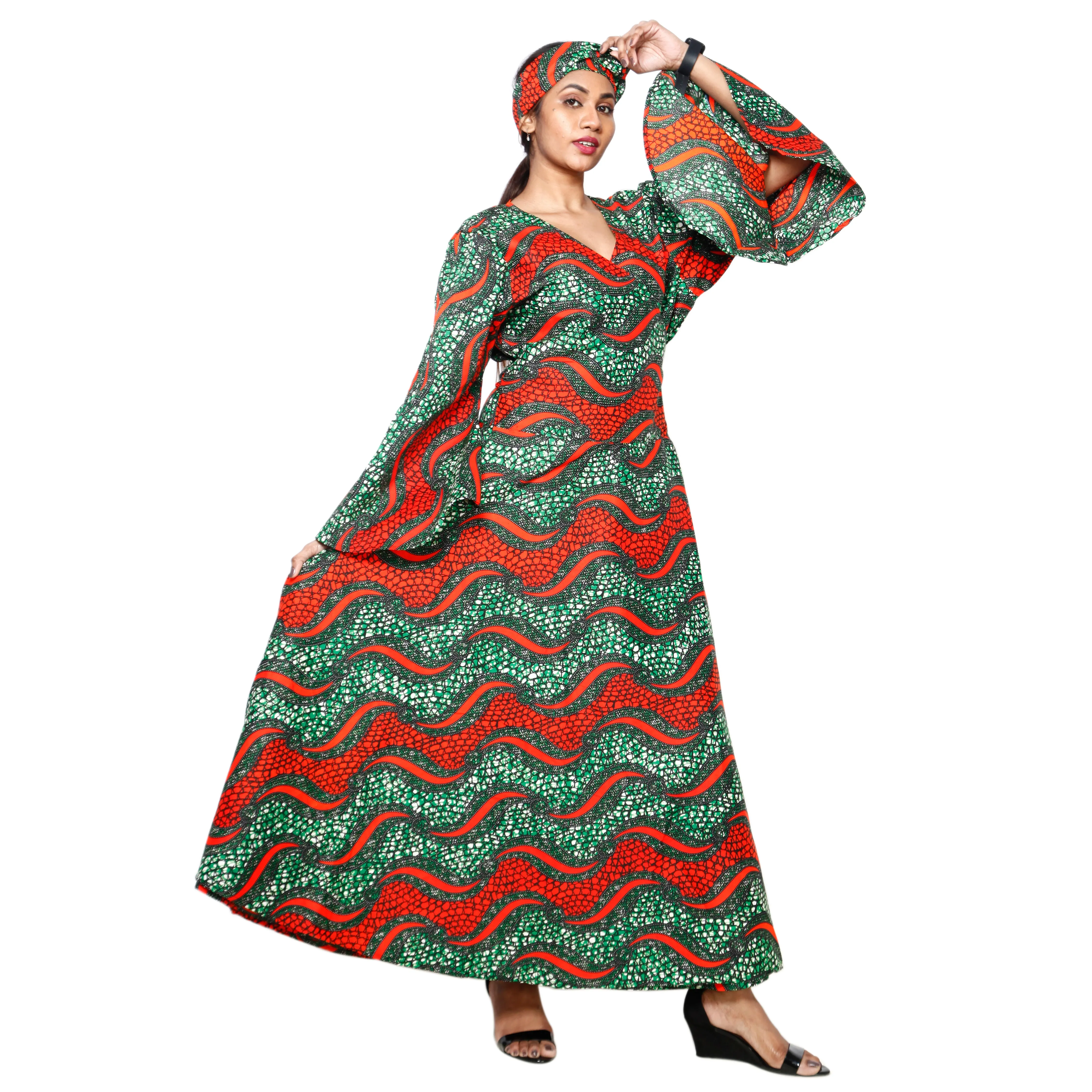 Women's Poly-Cotton Long Bell Sleeve Wrap Dress -- FI-R79FS