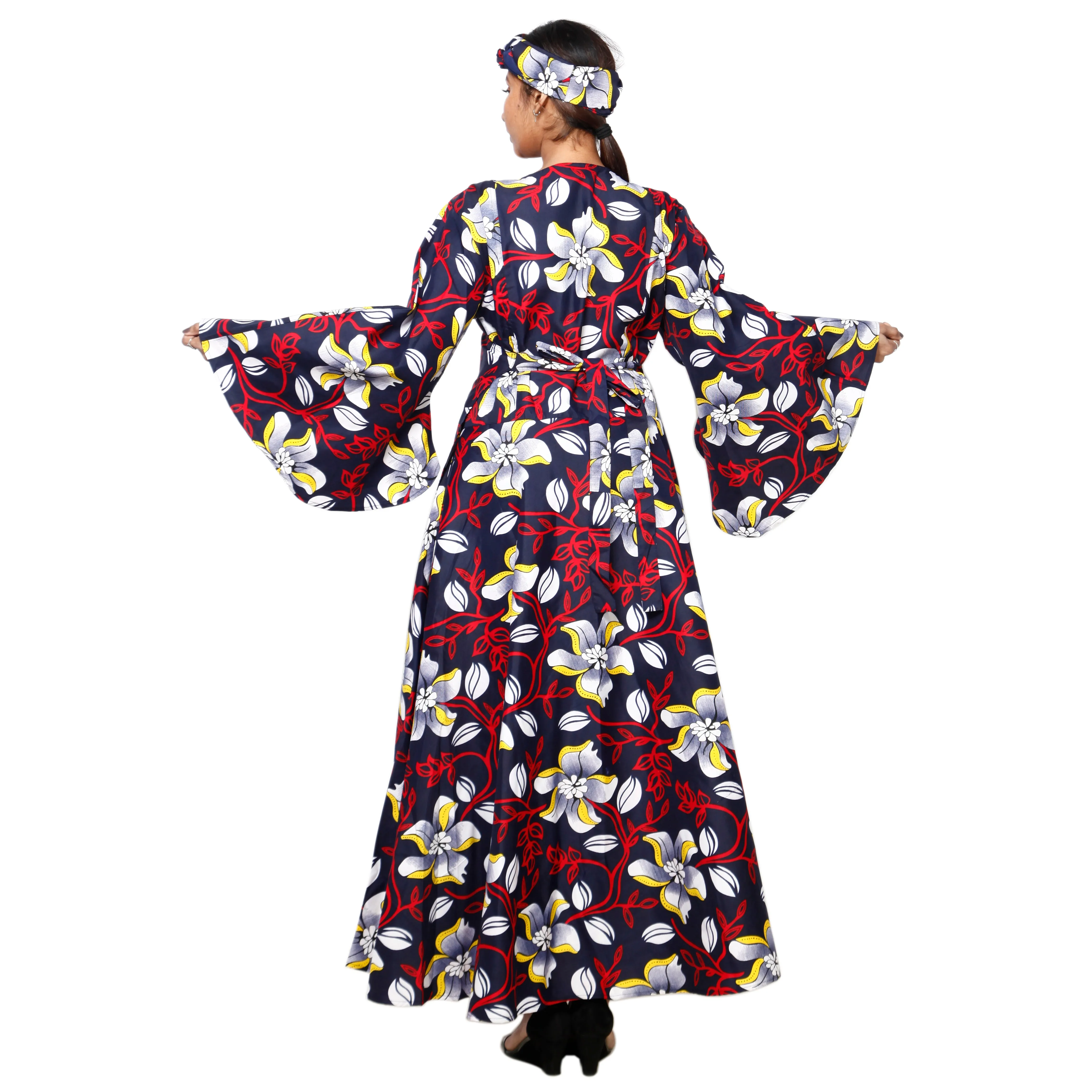 Women's Poly-Cotton Long Bell Sleeve Wrap Dress -- FI-R79FS