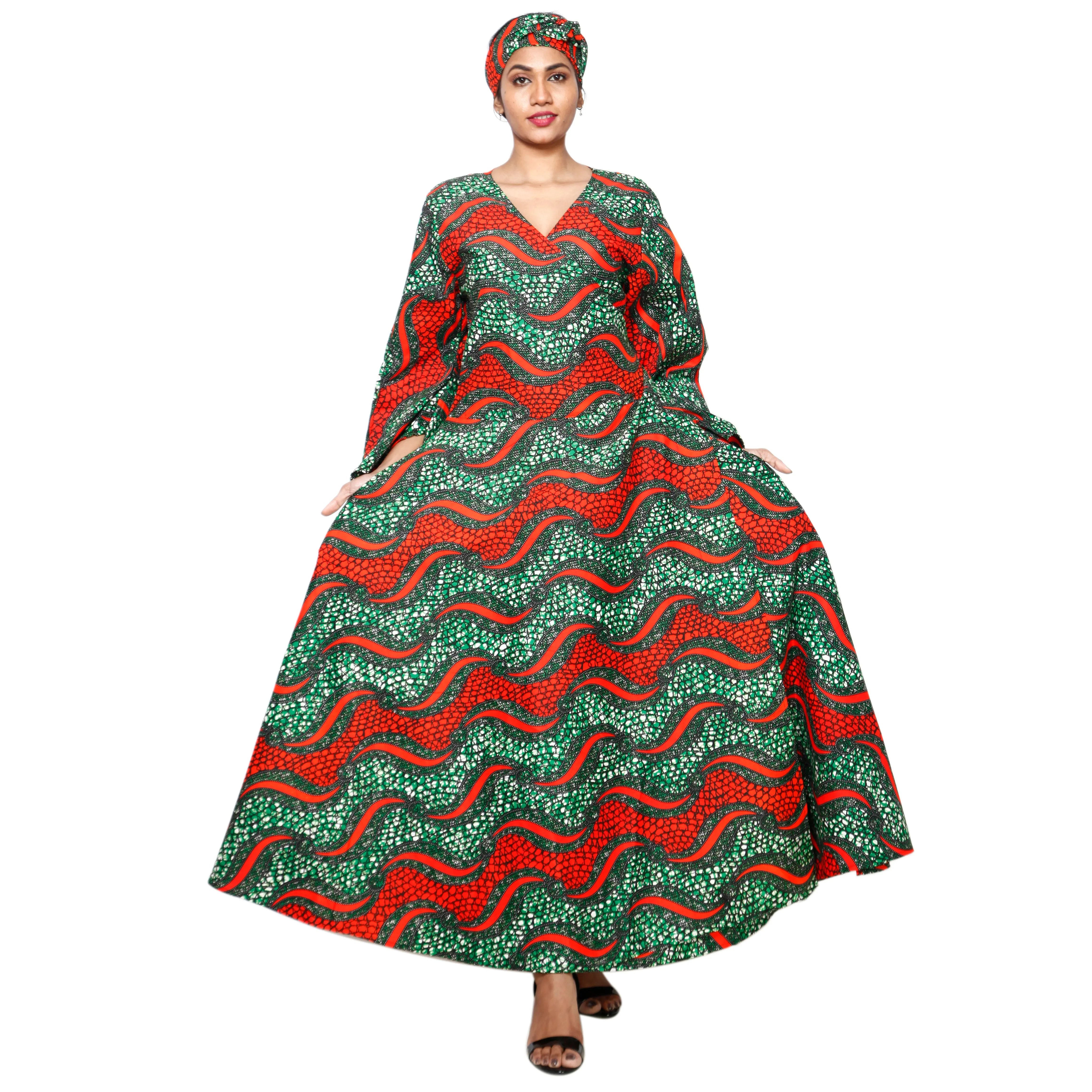 Women's Poly-Cotton Long Bell Sleeve Wrap Dress -- FI-R79FS