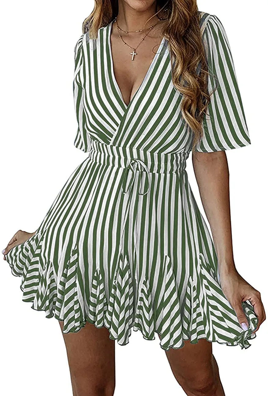 Women's Summer Deep V Neck Short Sleeve Striped Mini Dress