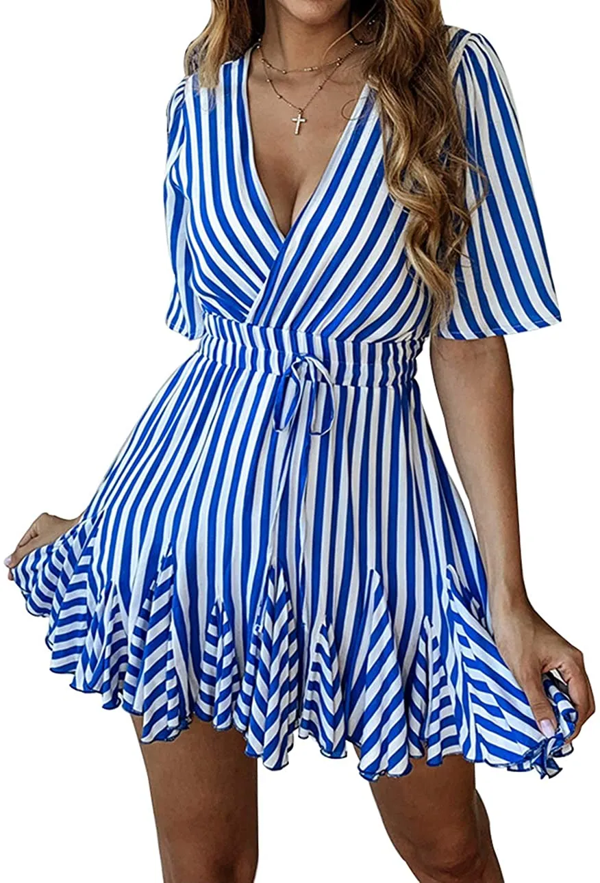 Women's Summer Deep V Neck Short Sleeve Striped Mini Dress