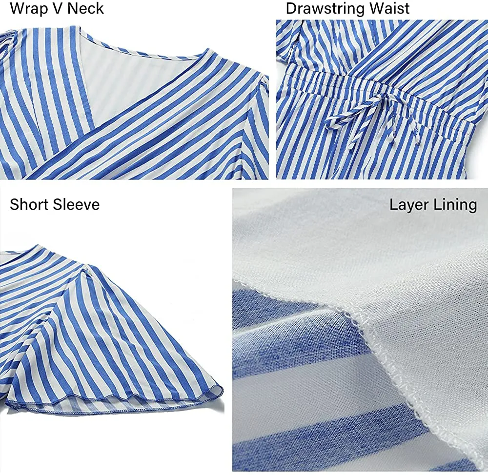 Women's Summer Deep V Neck Short Sleeve Striped Mini Dress