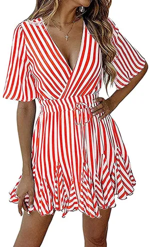 Women's Summer Deep V Neck Short Sleeve Striped Mini Dress