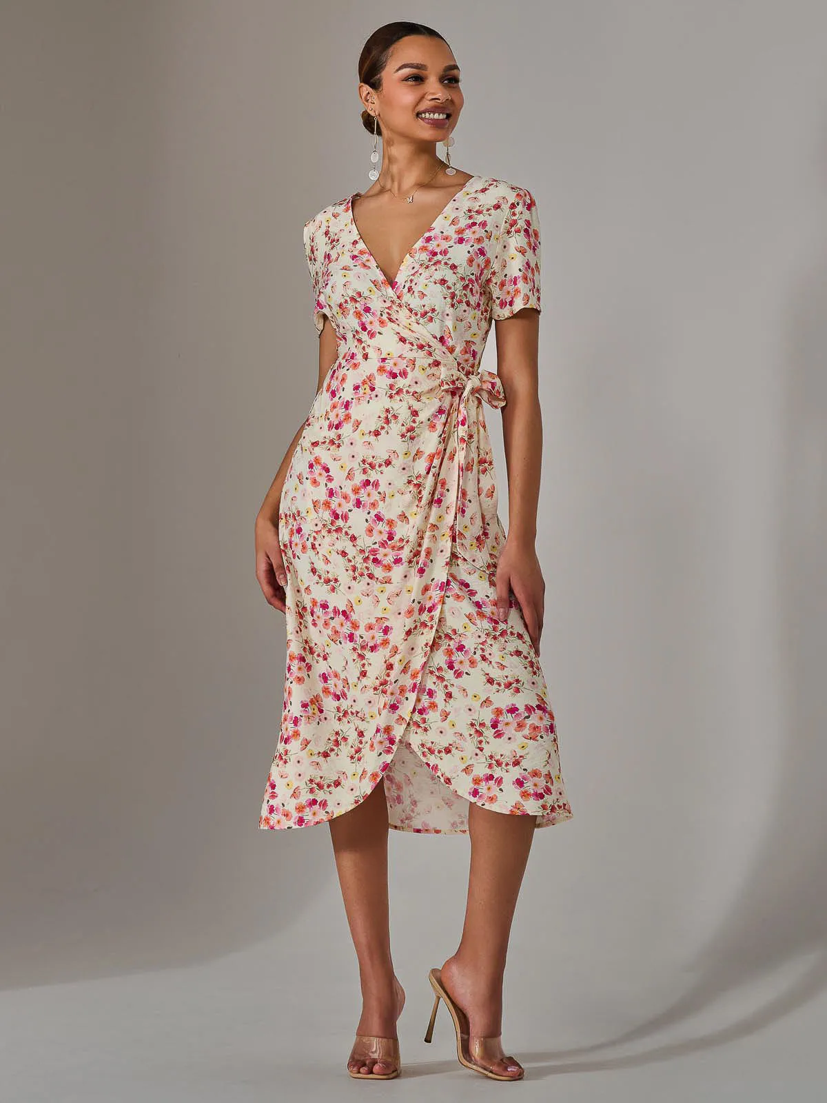 Wrap Midi Dress, Pink Floral