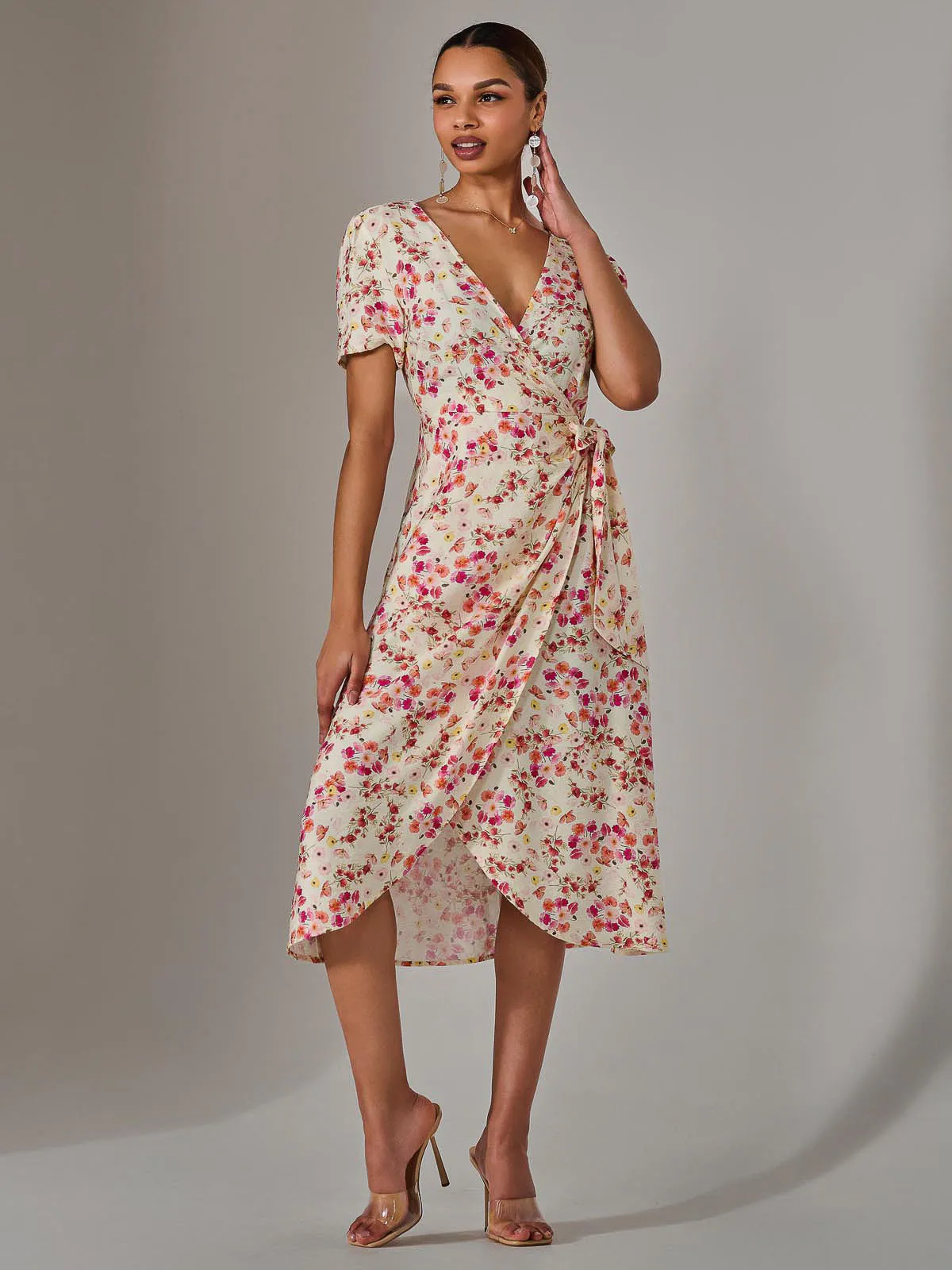 Wrap Midi Dress, Pink Floral