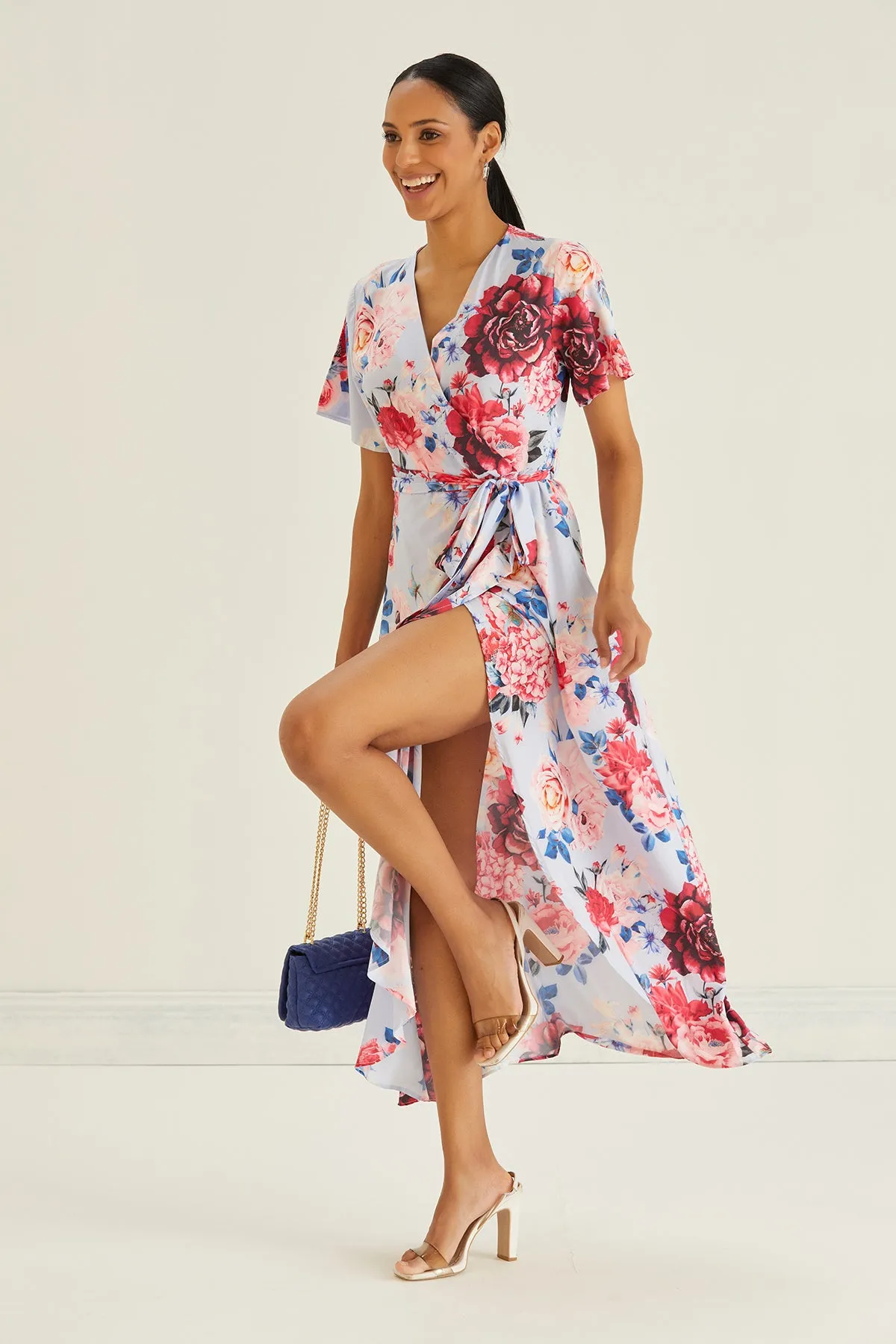 Wrap Midi Frill Skirt Dress in Blue Floral print