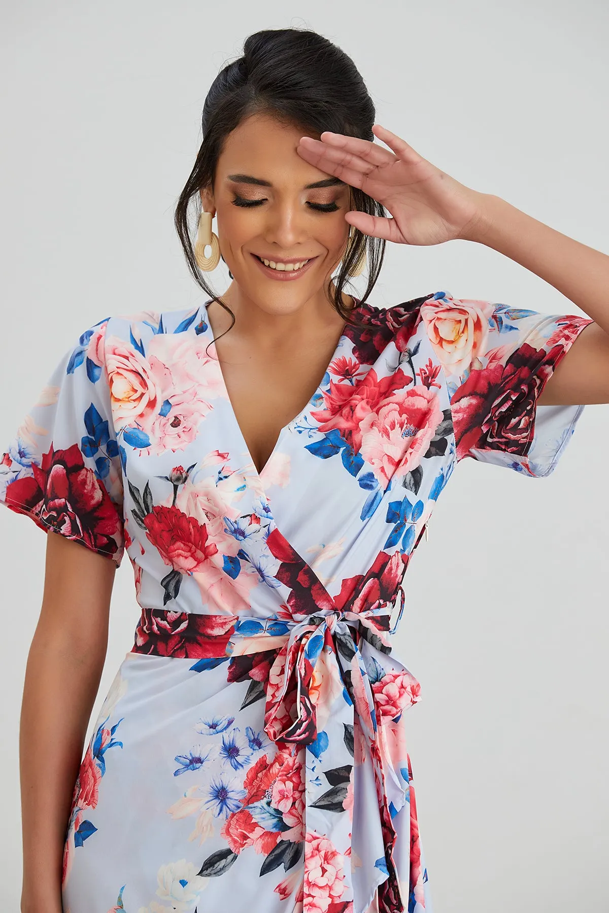 Wrap Midi Frill Skirt Dress in Blue Floral print
