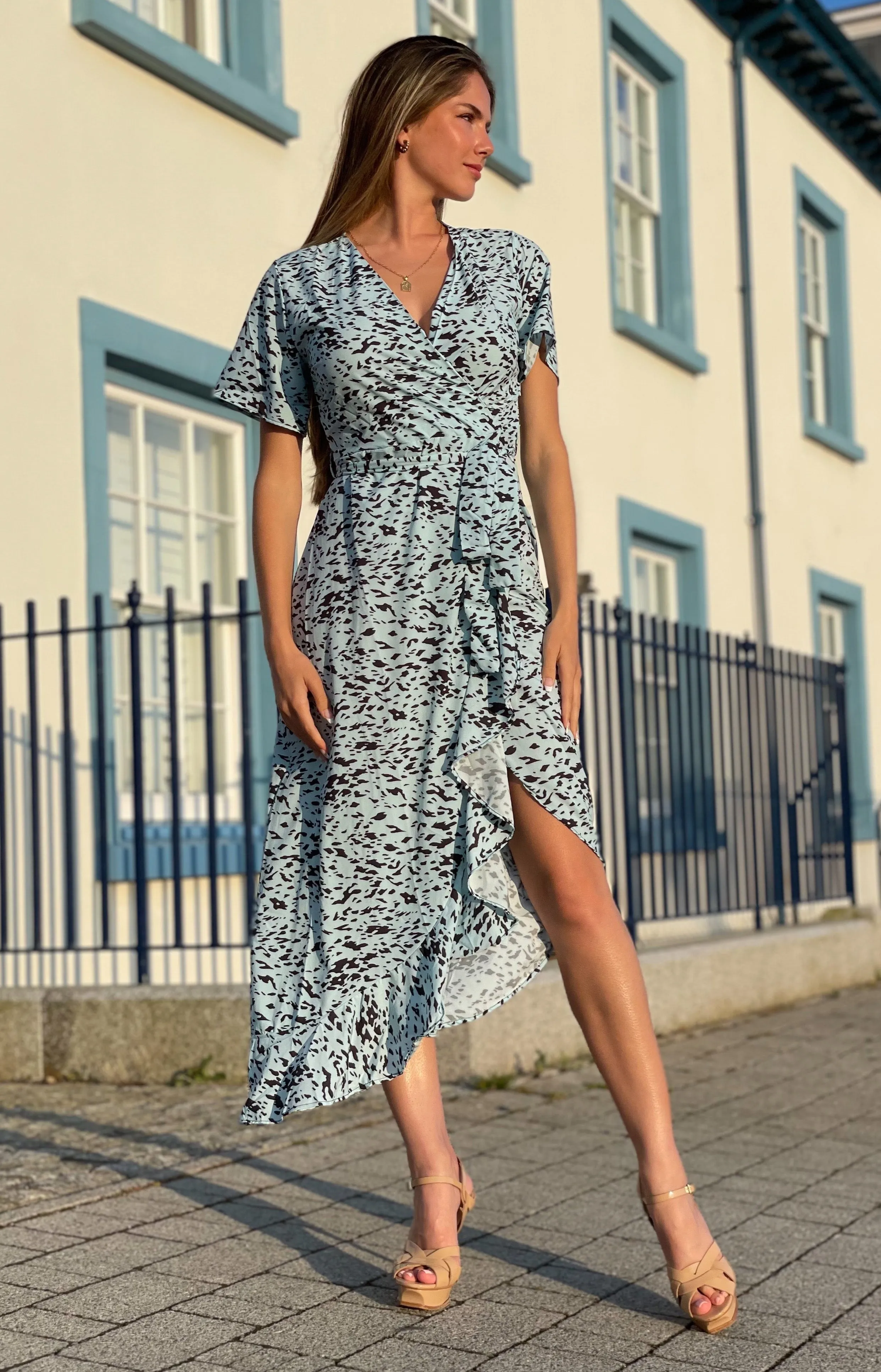 Wrap Midi Frill Skirt Dress in Blue Leopard print