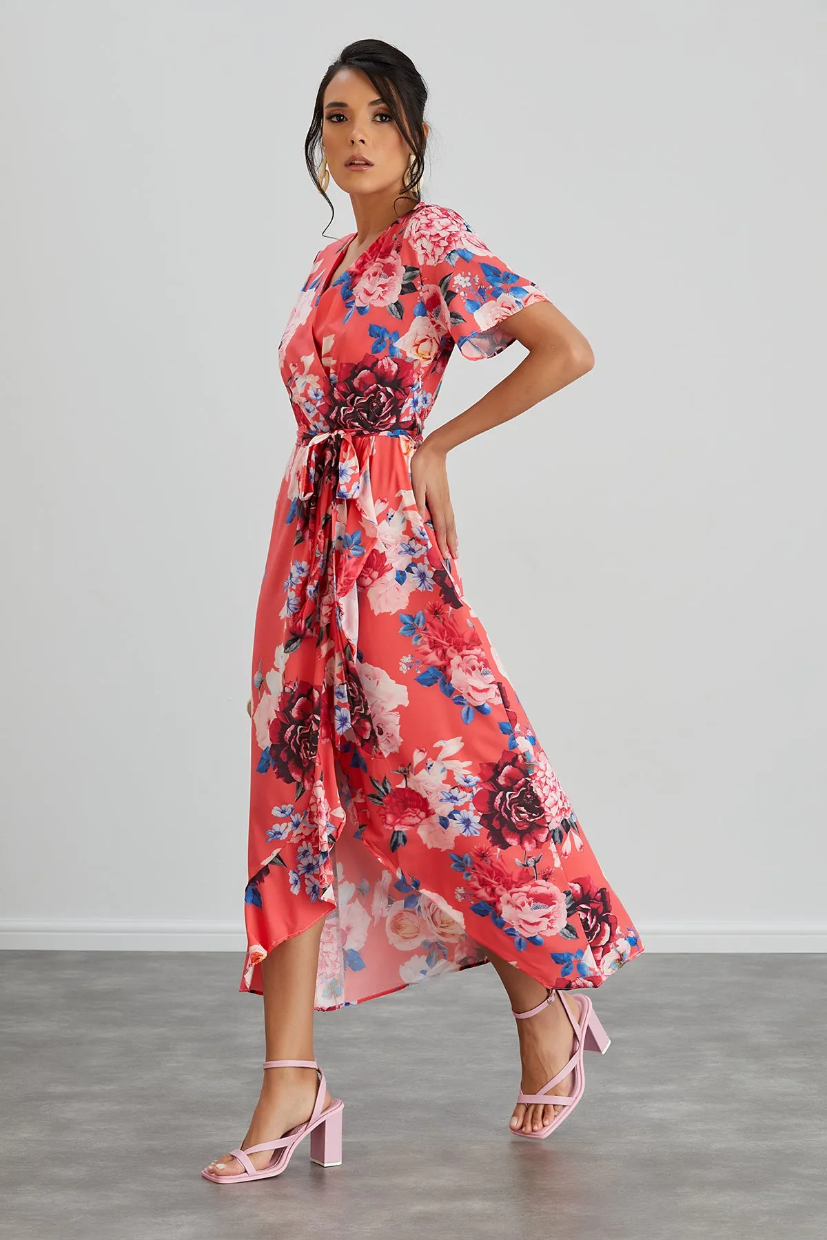 Wrap Midi Frill Skirt Dress in Coral Floral print
