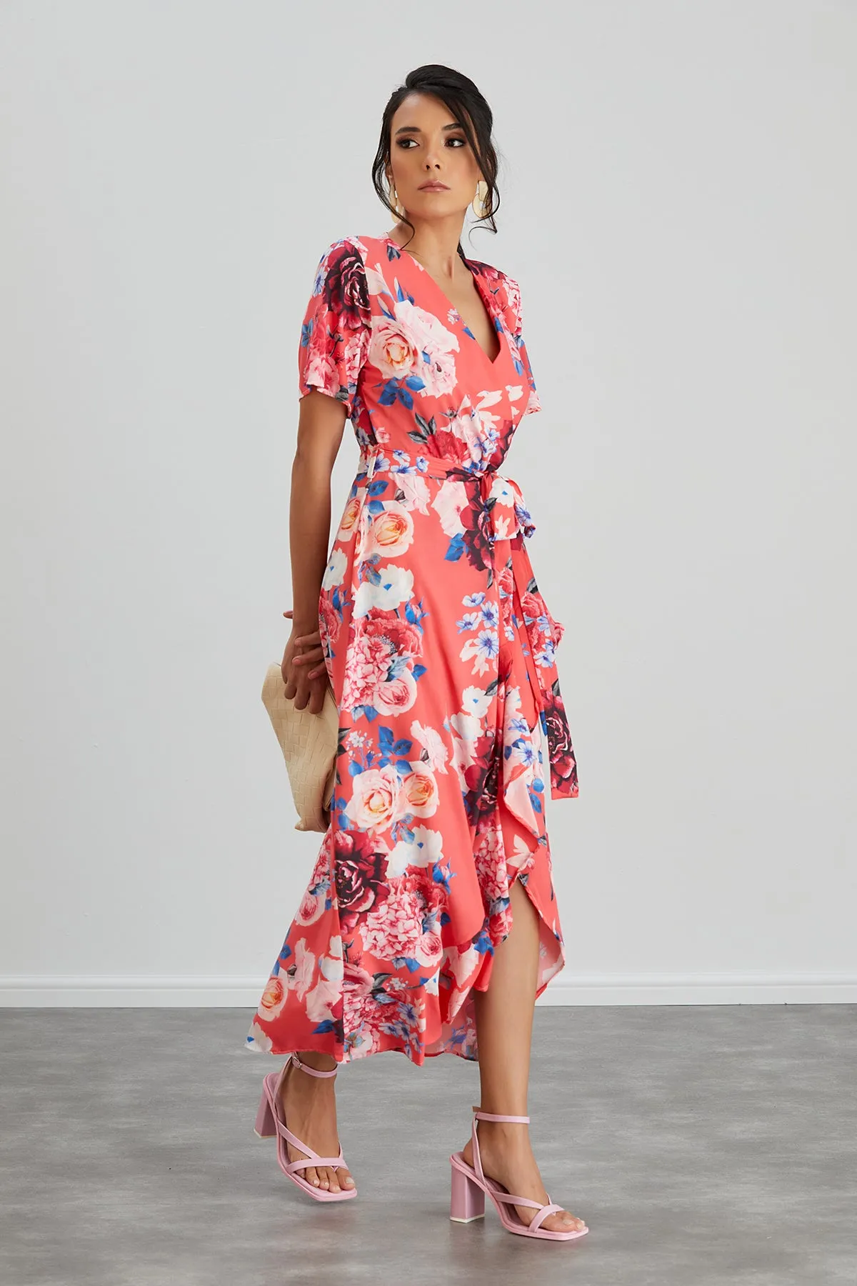 Wrap Midi Frill Skirt Dress in Coral Floral print