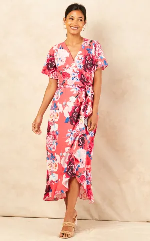 Wrap Midi Frill Skirt Dress in Coral Floral print