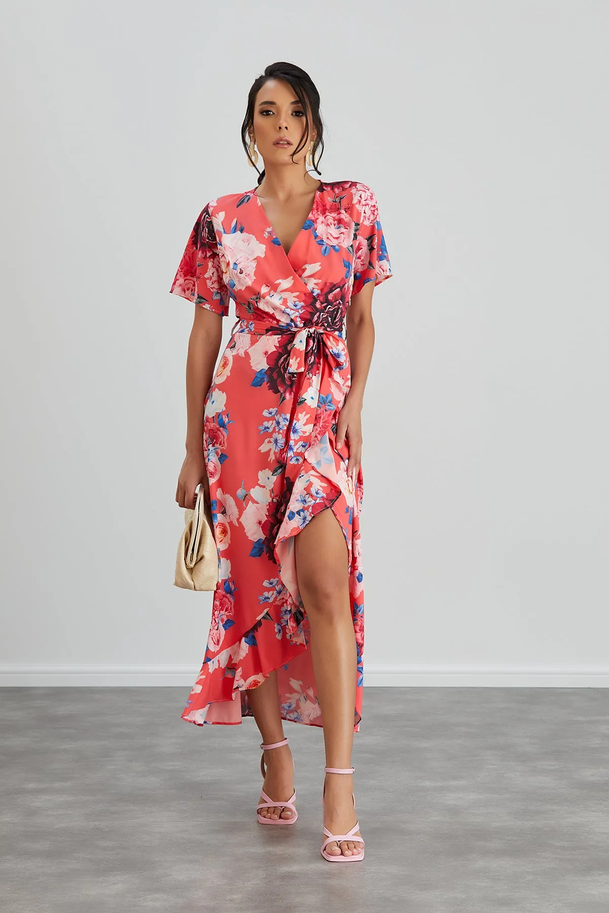Wrap Midi Frill Skirt Dress in Coral Floral print