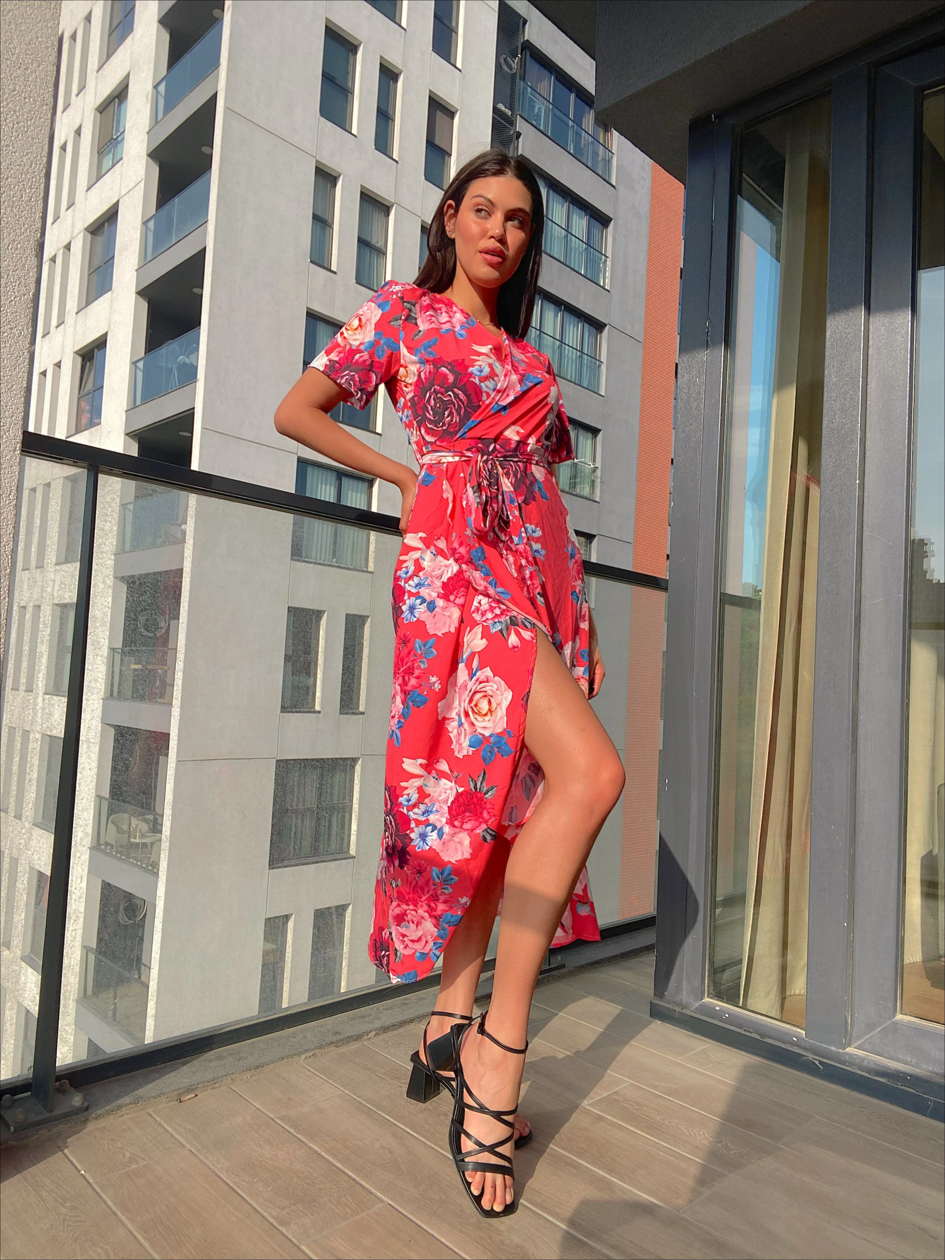 Wrap Midi Frill Skirt Dress in Coral Floral print